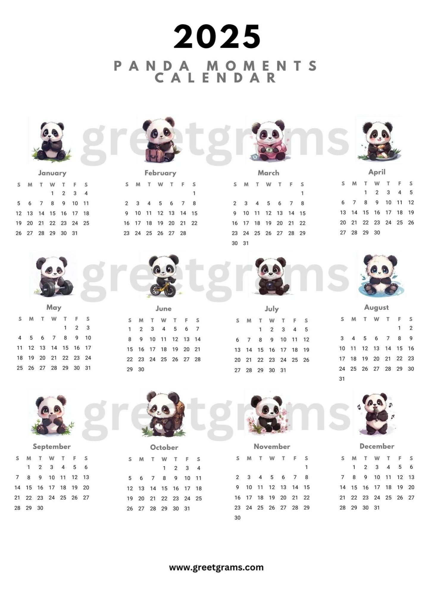 a calendar with different types of panda