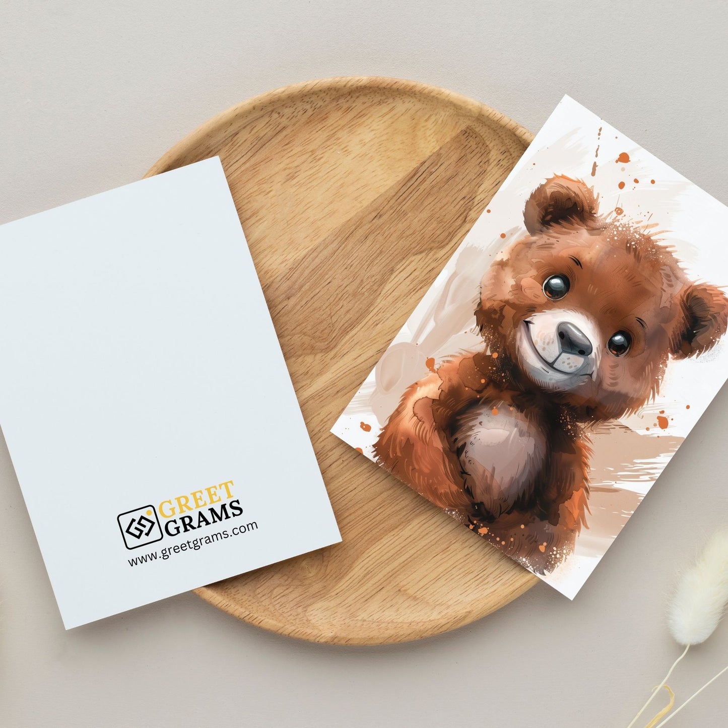 greeting card of a  Bear enjoying at  enchanted forest in the grey background