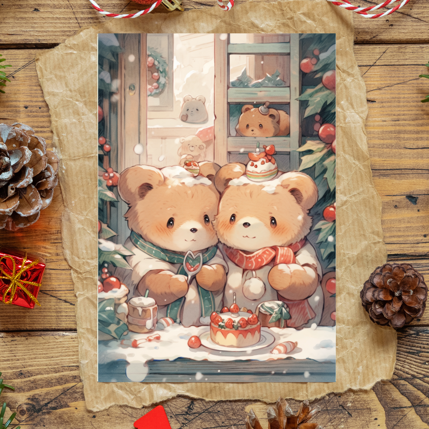 greeting card of two bears celebrating Christmas together