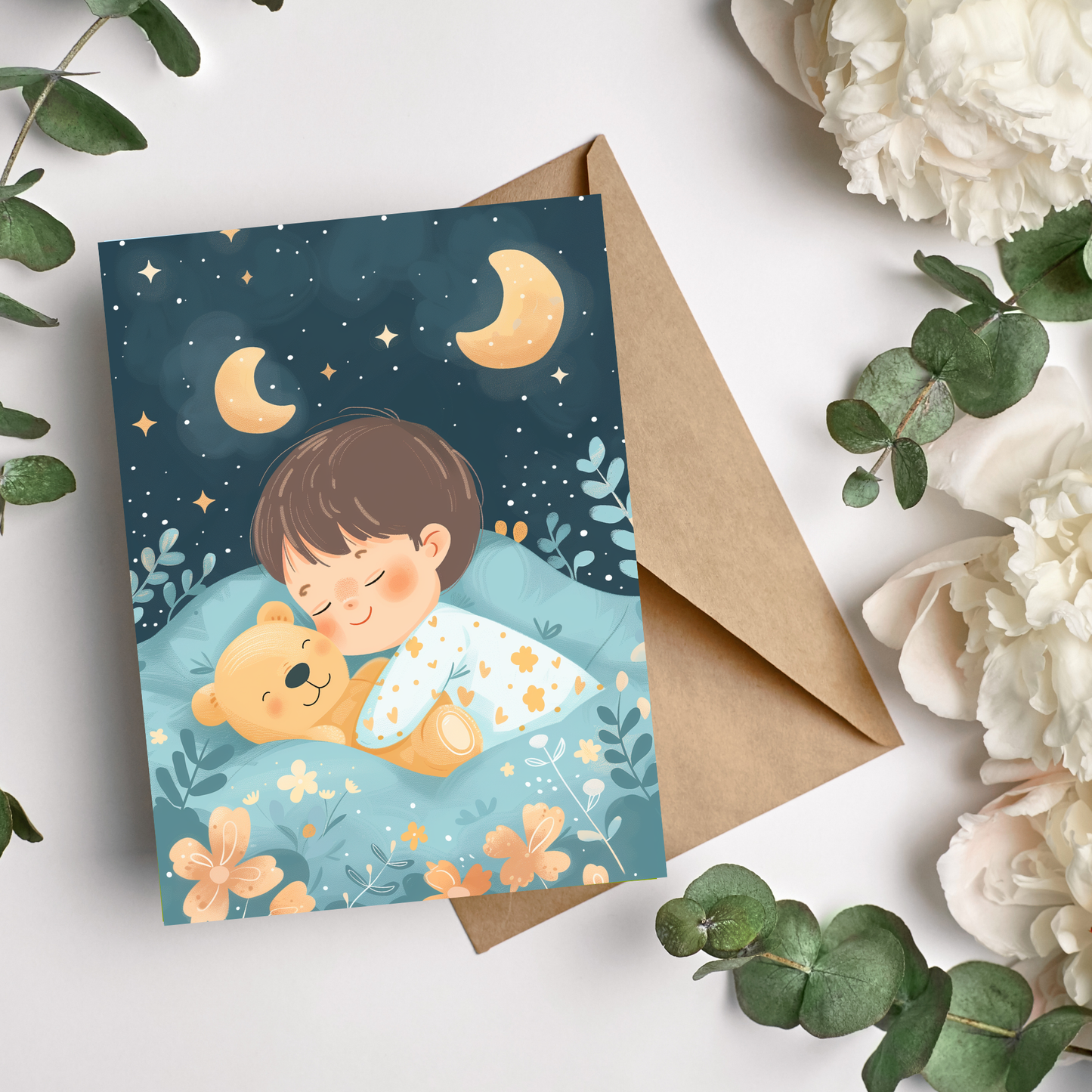 greeting card of a baby and bear sleeping