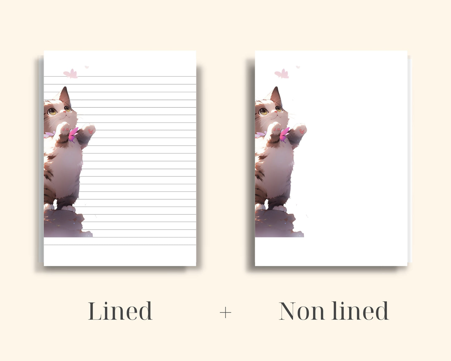 Cat and Butterflies Stationery card with lined and non lined