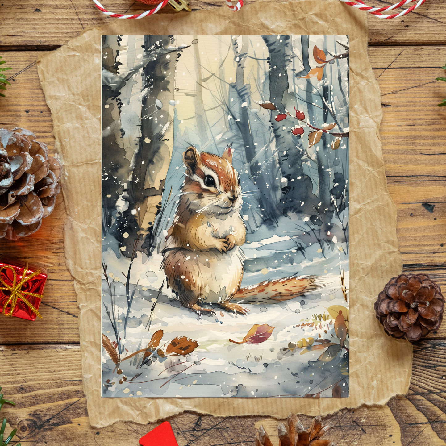 greeting card of a chipmunk in the snow forest.