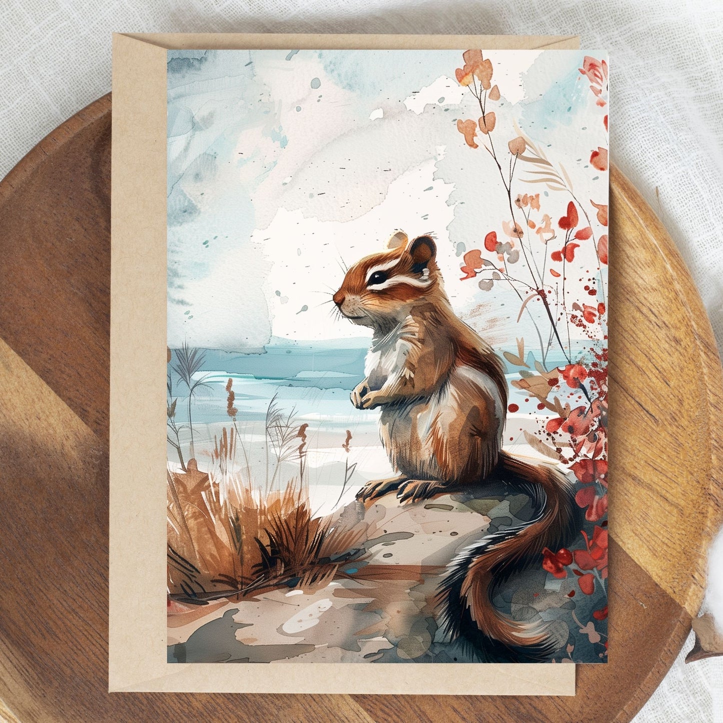 greeting card of a chipmunk enjoying the seaside retreat