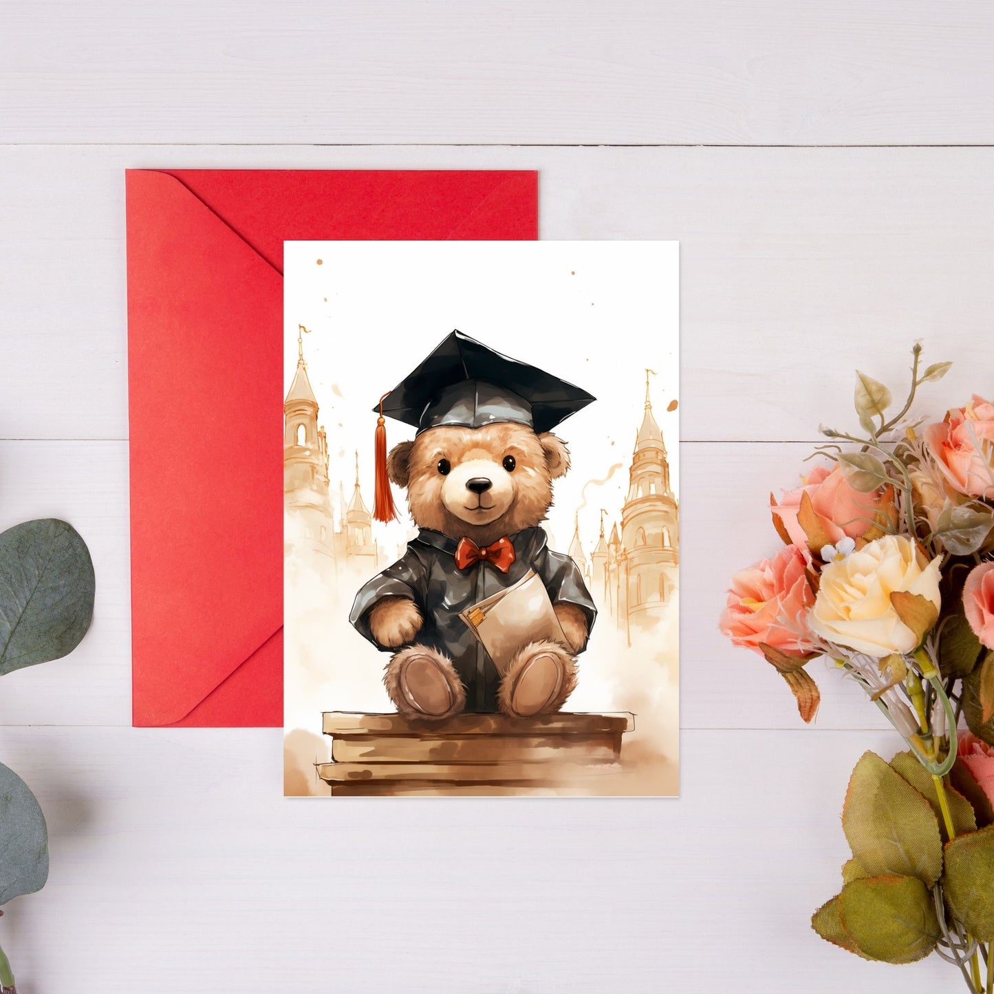 Graduation card showing bear wearing black graduation cap and coat