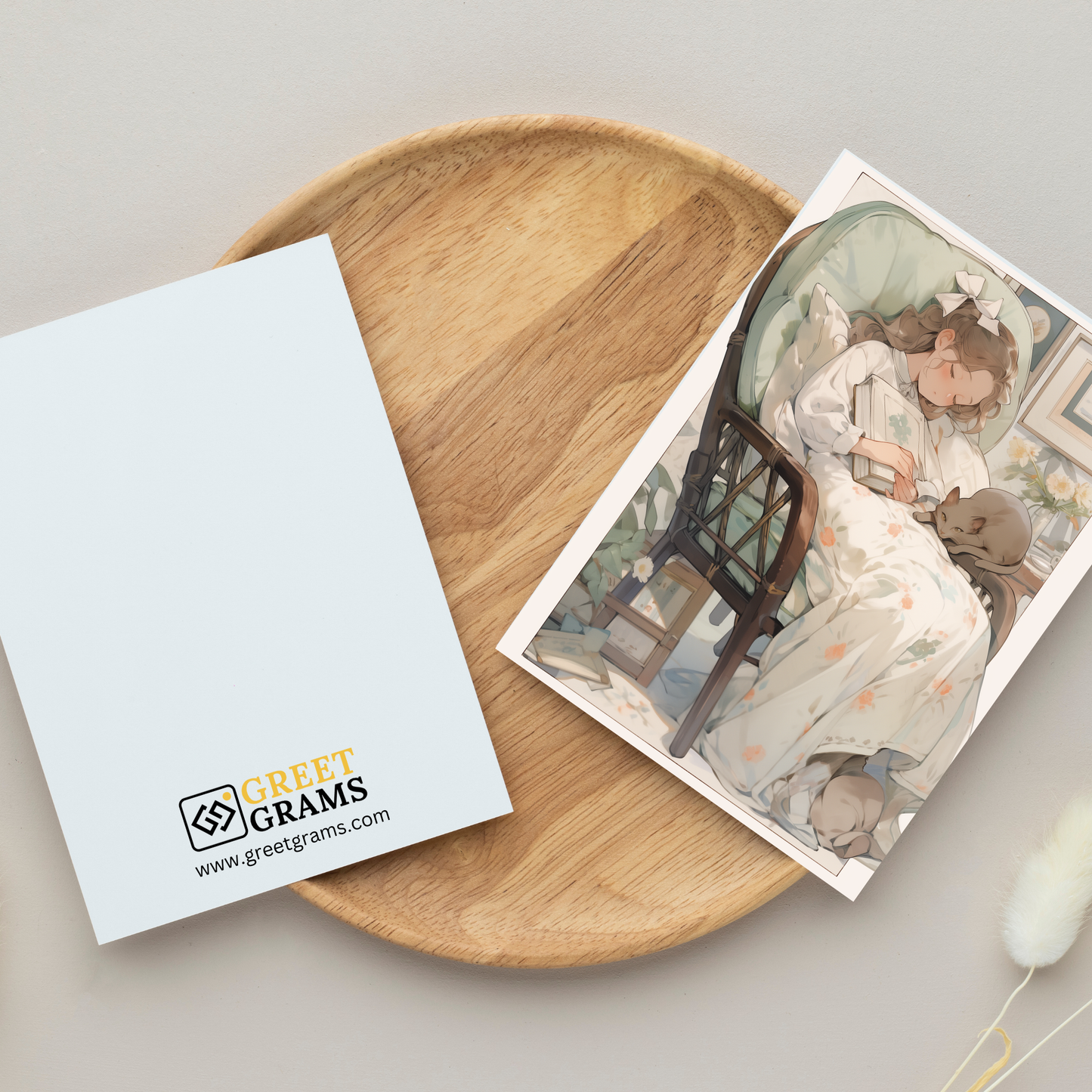 greeting card of a girl sleeping in a cozy environment in the grey background
