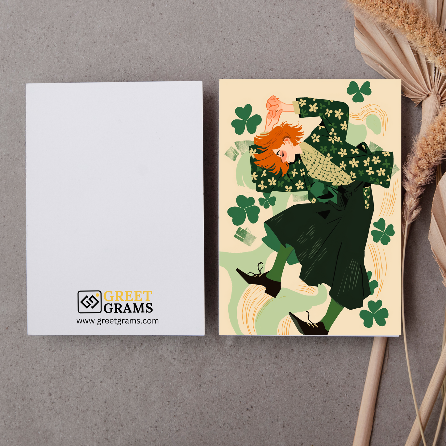 greeting card of a  female leprechaun Lass dancing  in the grey background