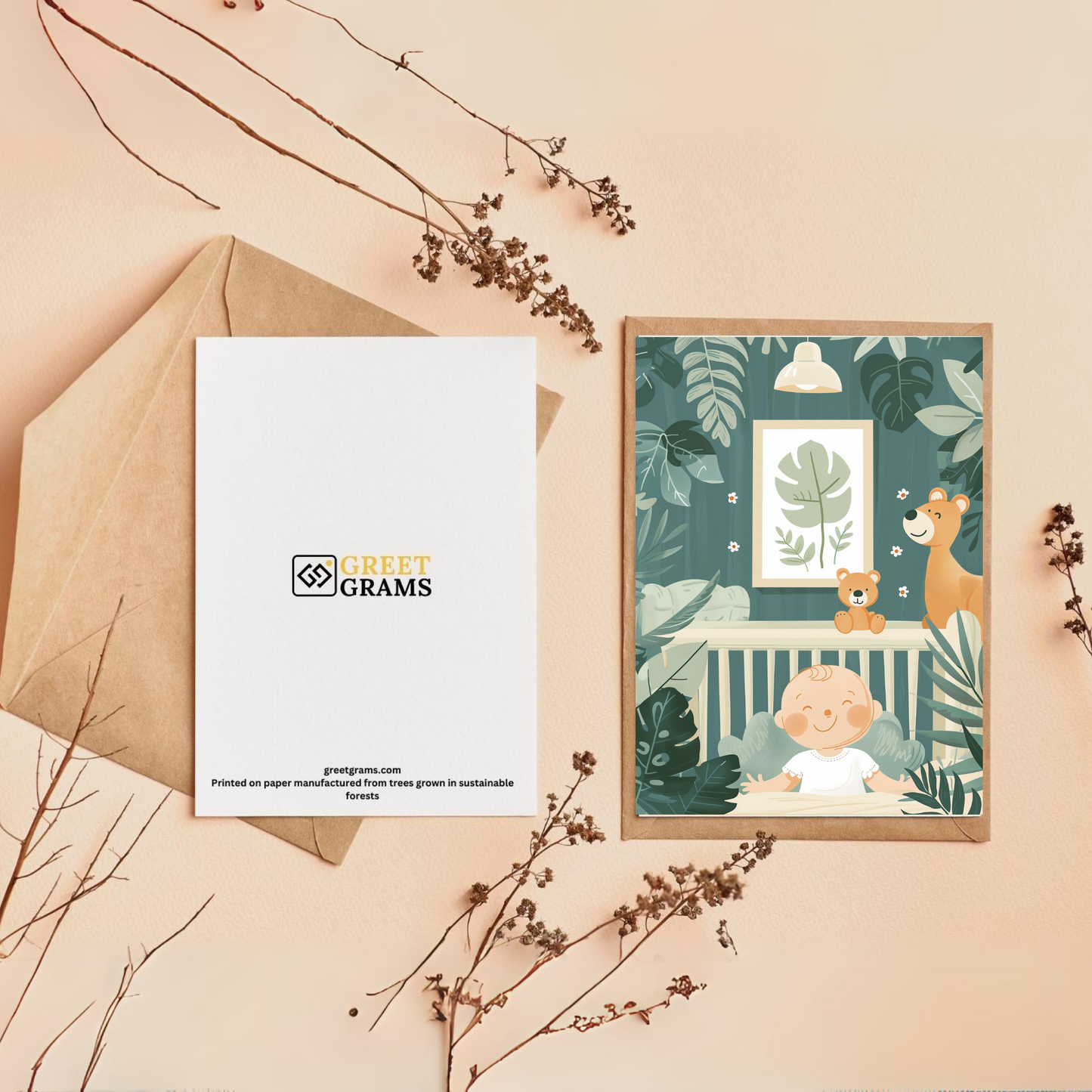 greeting card of baby in a crib in a green room