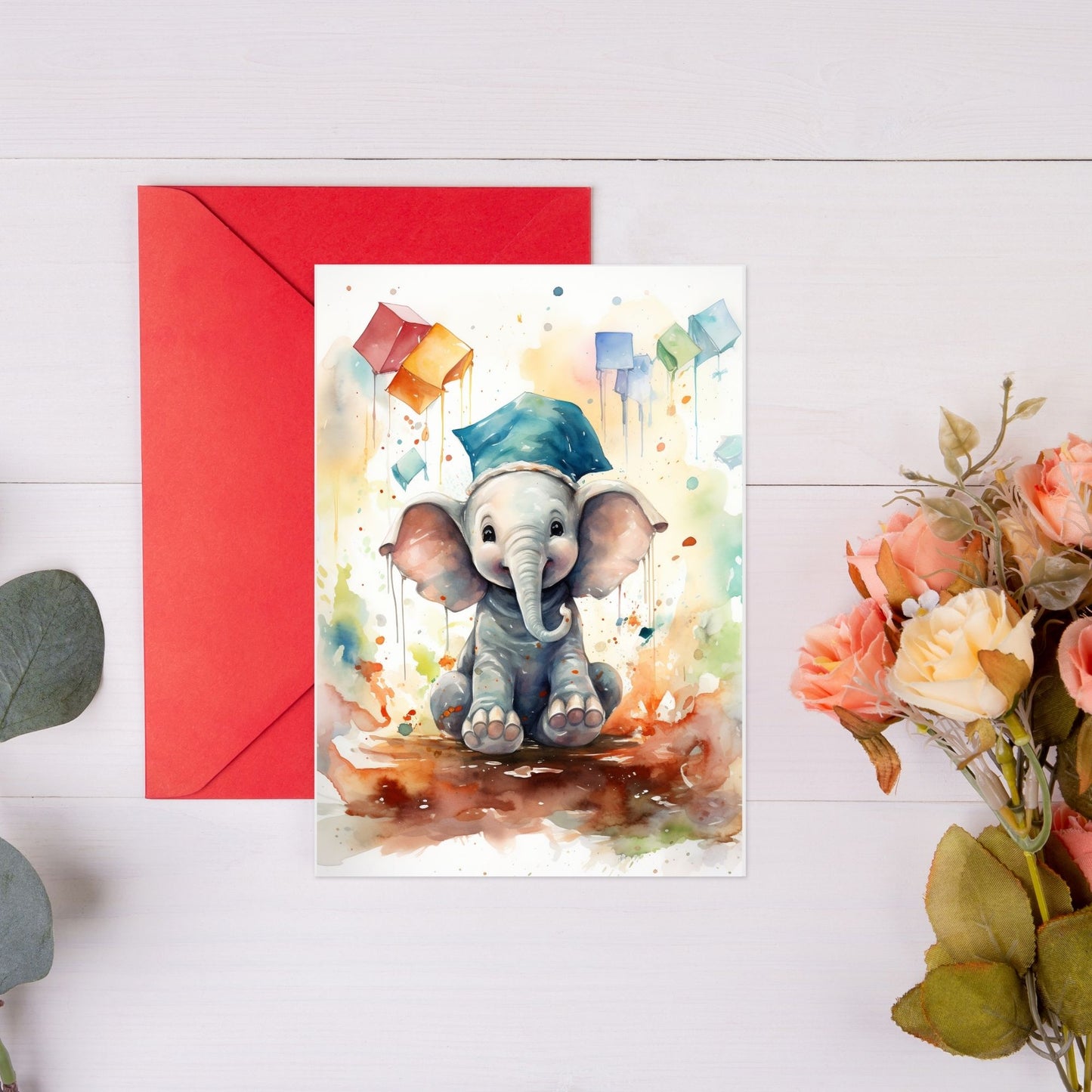 Graduation card showing an happy elephant wearing light blue colour graduation cap.