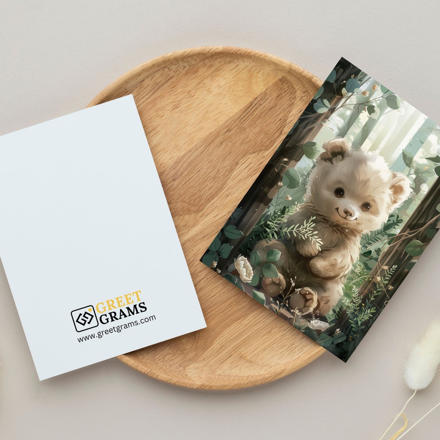 greeting card of a Woodland Bear exploring the forest in the grey background