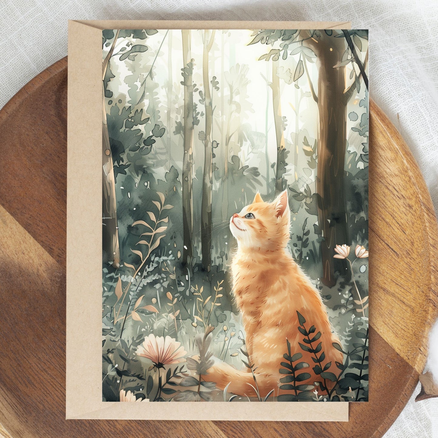 greeting card of a kitten exploring enchanted forest