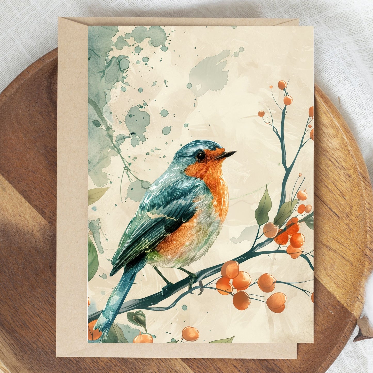 greeting card of a songbird enjoying at tropical island