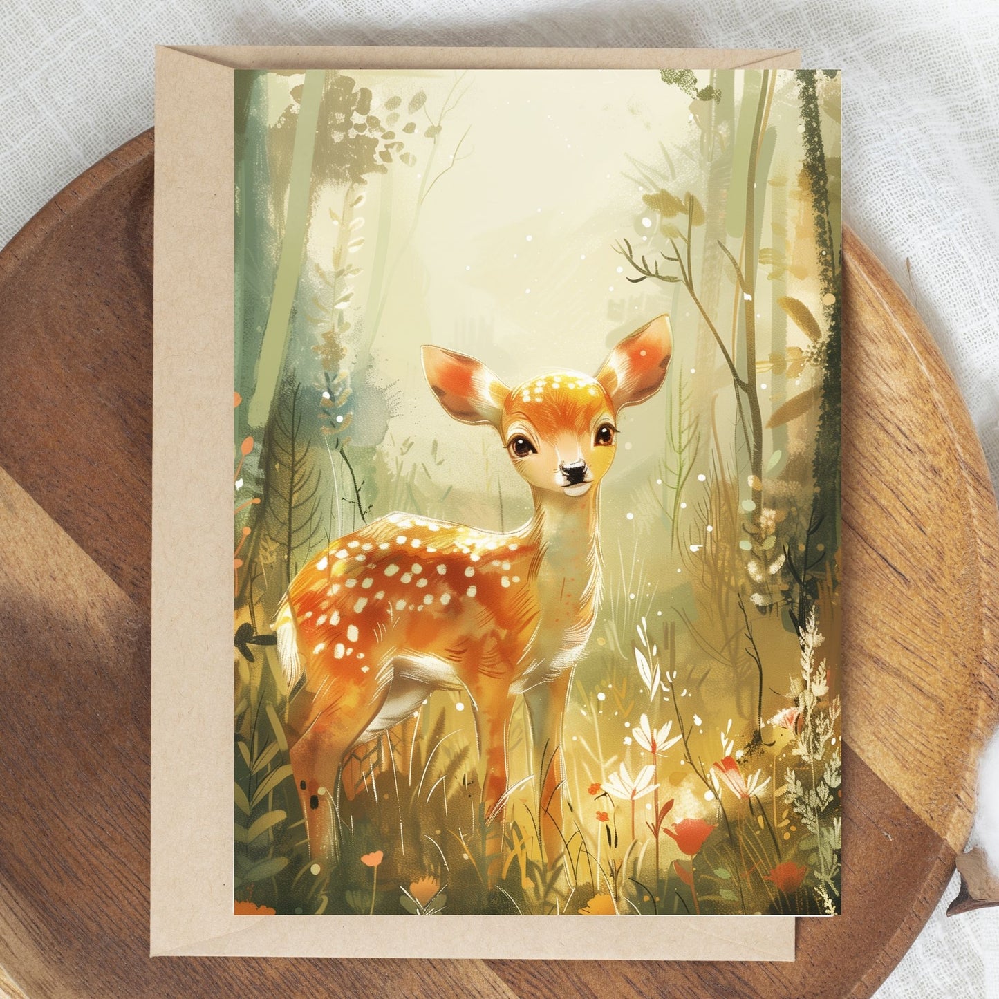 greeting card of a deer enjoying the beauty of forest