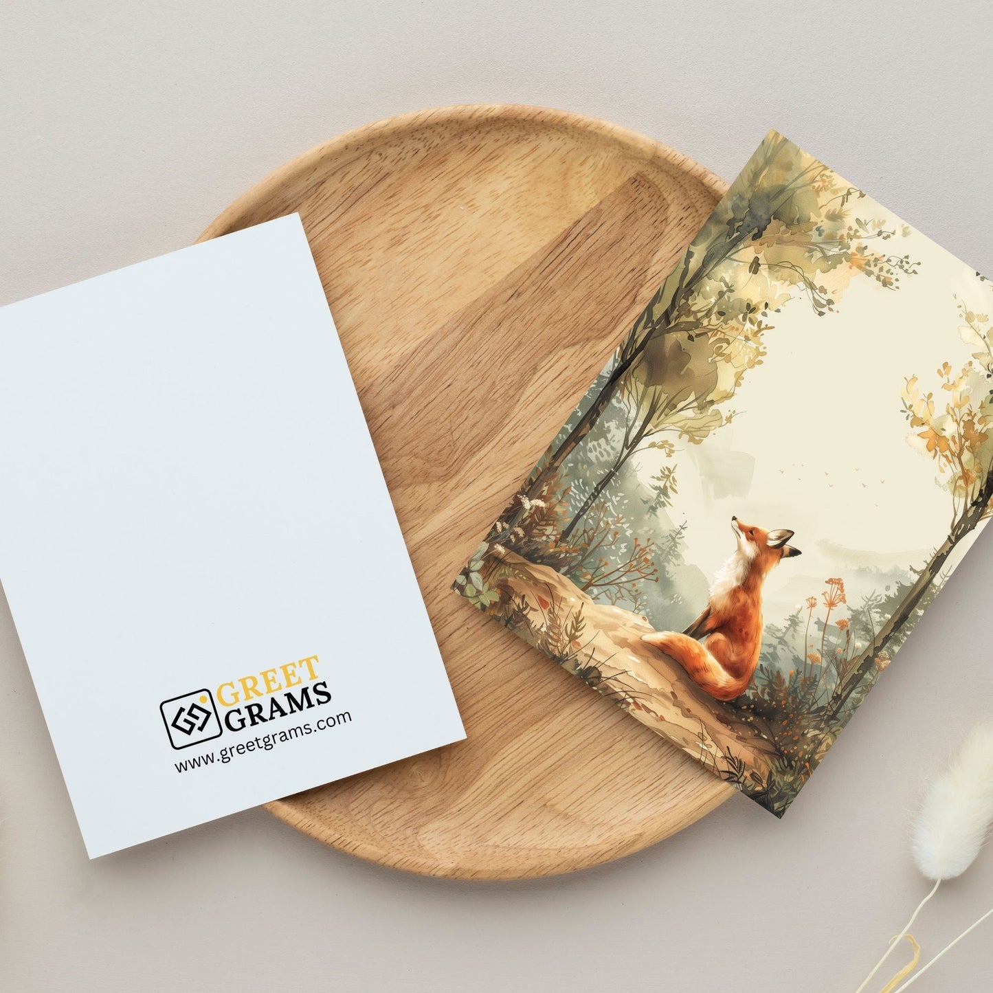 greeting card of a fox exploring the depths of a forest in the grey background