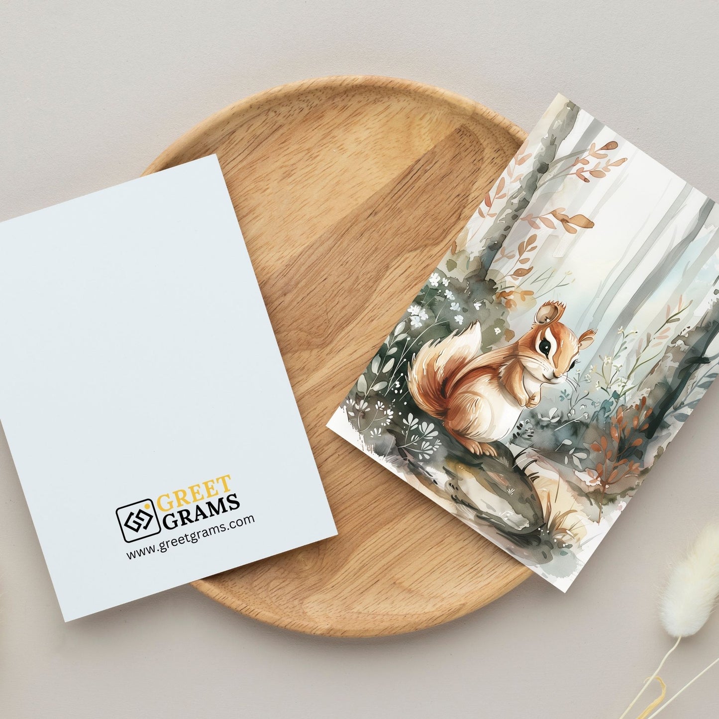 greeting card of a chipmunk enjoying the wonders of forest in the grey background