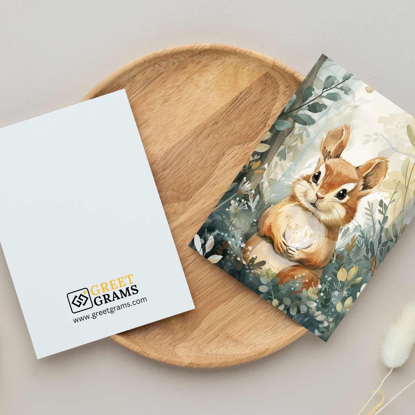 greeting card of a  chipmunk exploring the beautiful forest in the grey background