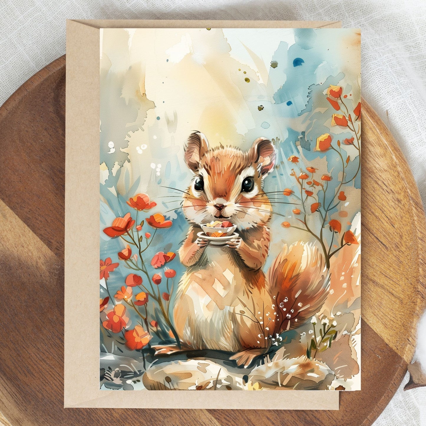 greeting card of a squirrel exploring the beauty of a forest,