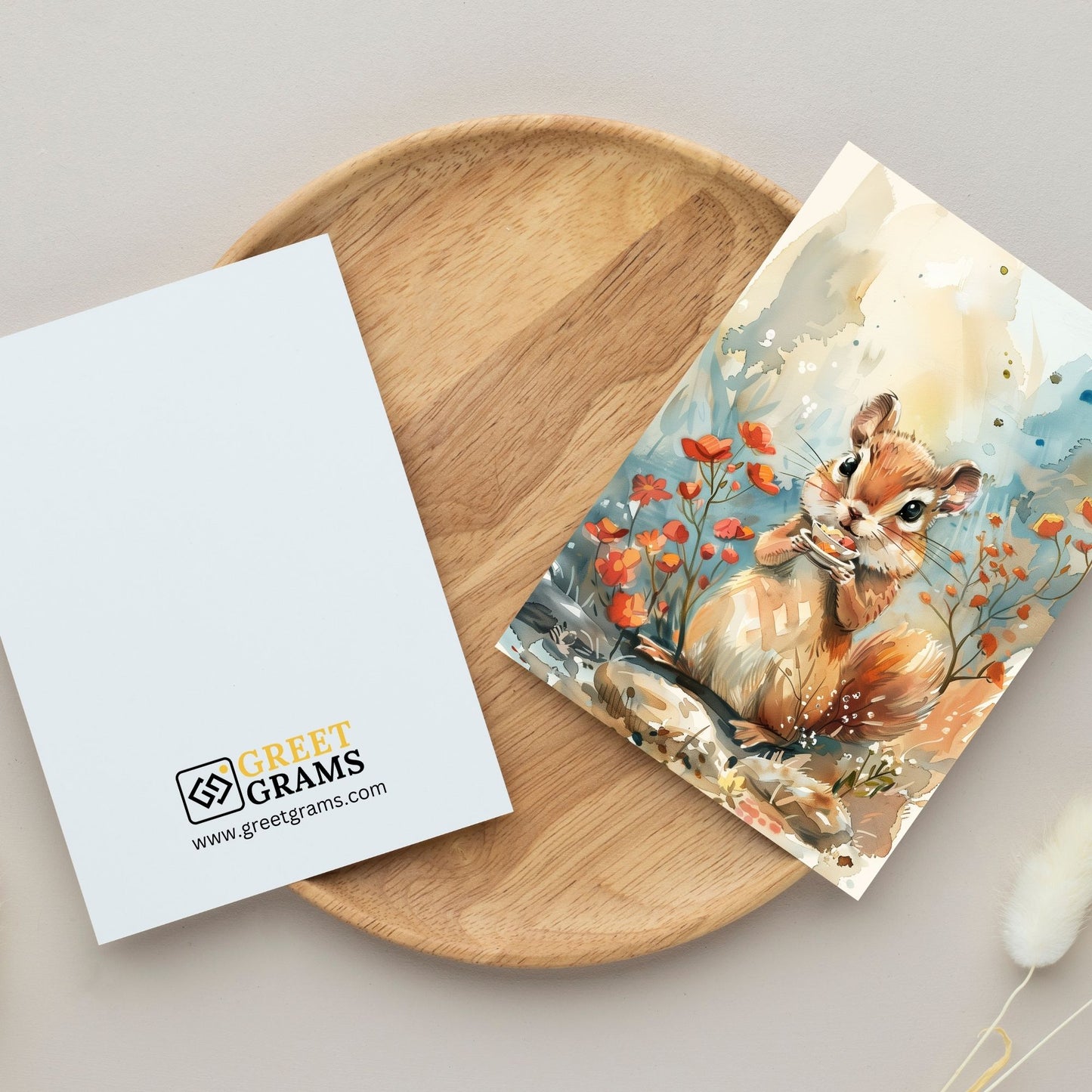 greeting card of a squirrel exploring the  beauty of a forest in the gray background