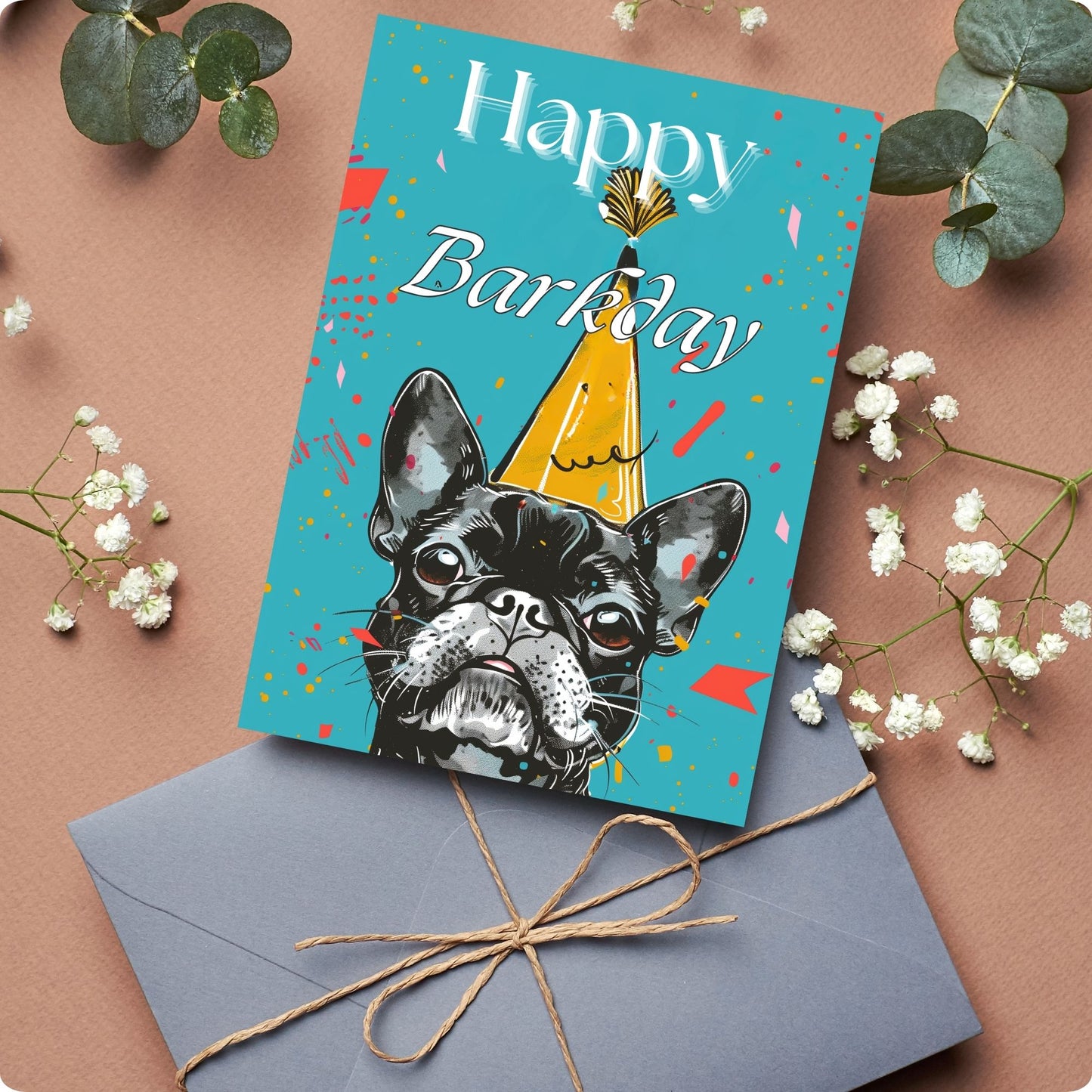 Happy birthday card showing black dog wearing birthday cap