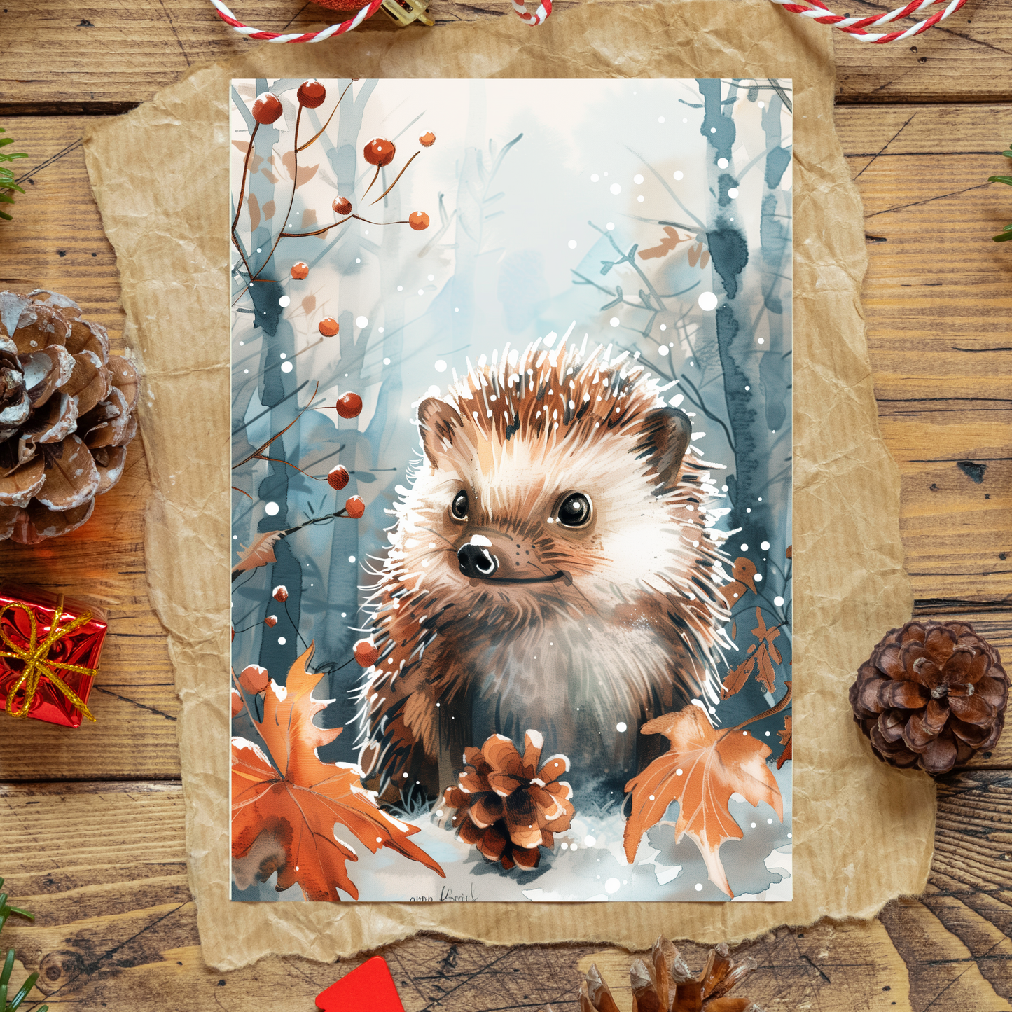 greeting card of a hedgehog surrounded by snow