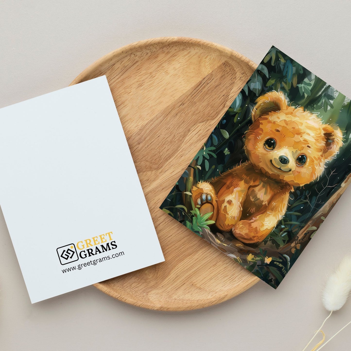 greeting card of a bear exploring the wonders of an island in the grey background