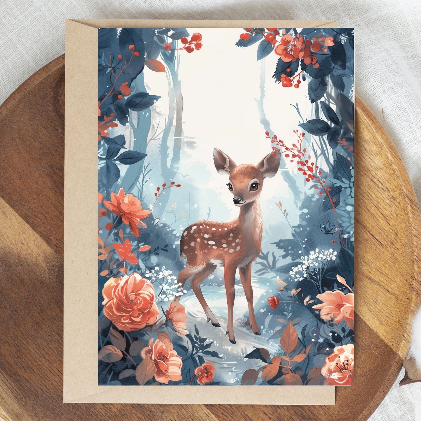 greeting card of a deer exploring the wonders of an island