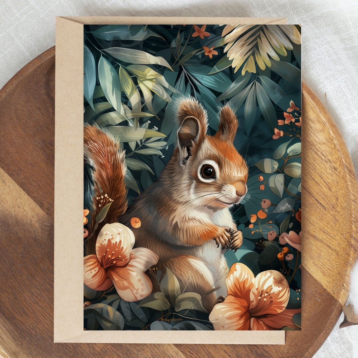 greeting card of a squirrel exploring the wonders of a island