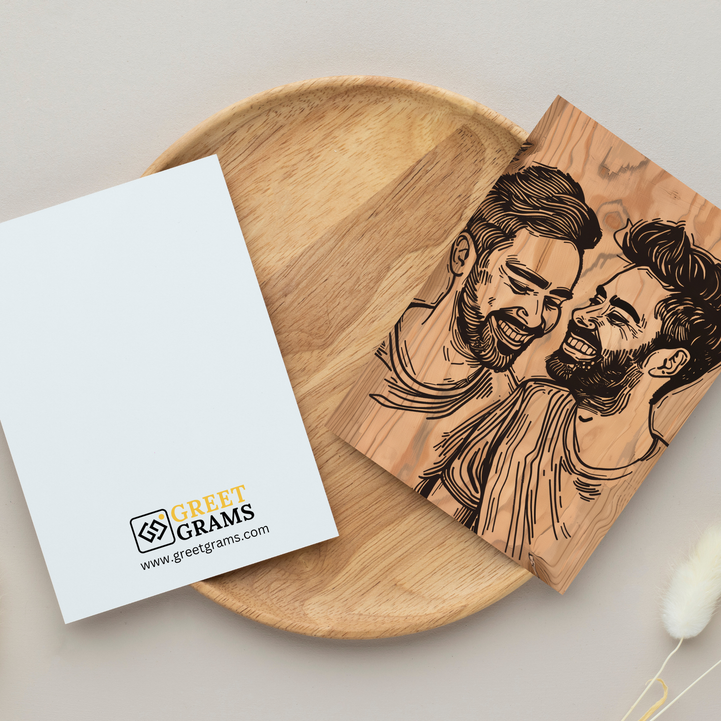 greeting card of male couple smiling together in the grey background