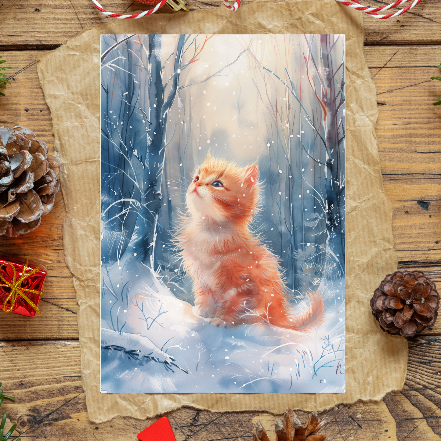 greeting card of a Kitten exploring a snowy landscape