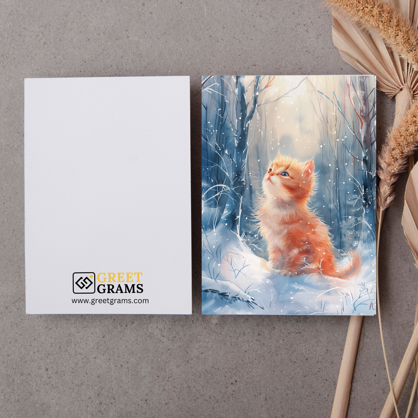 greeting card of a Kitten exploring a snowy landscape in grey background