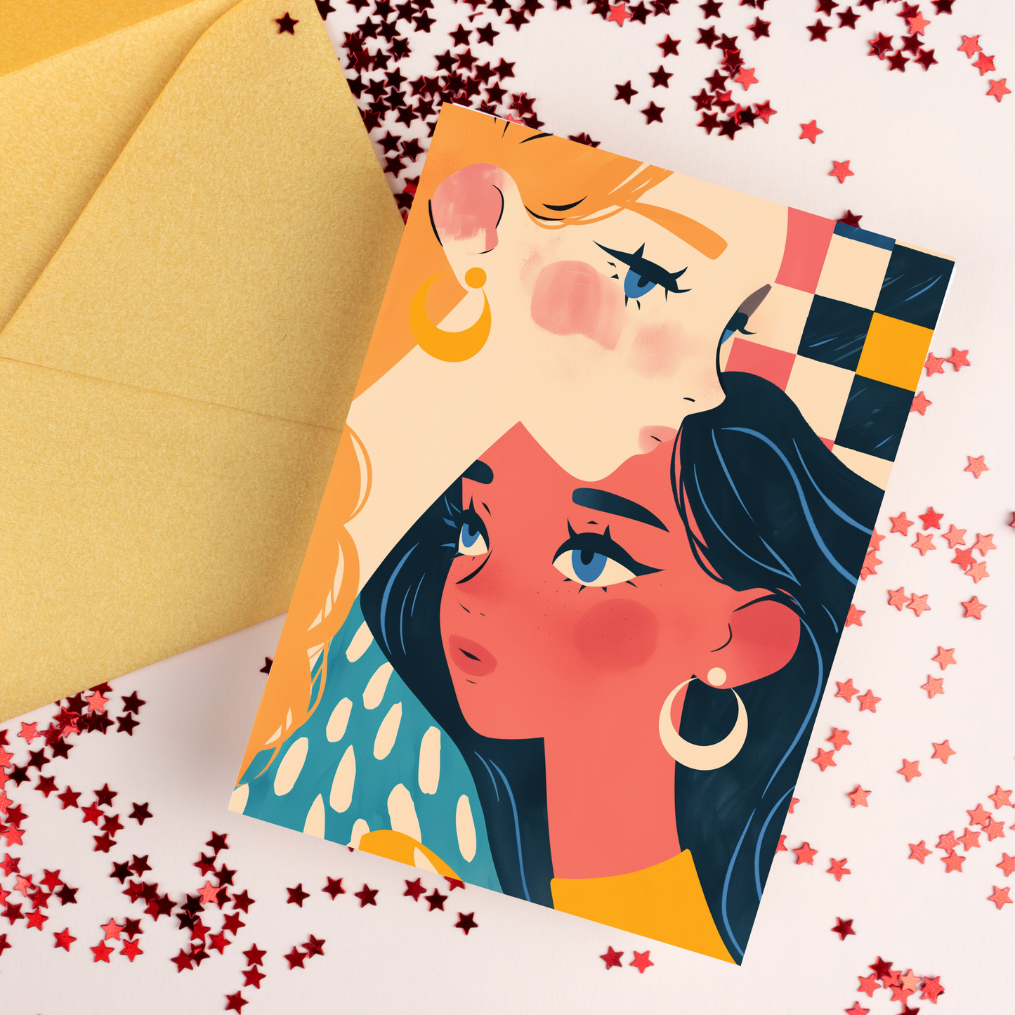 greeting card of female couple holding each other tenderly