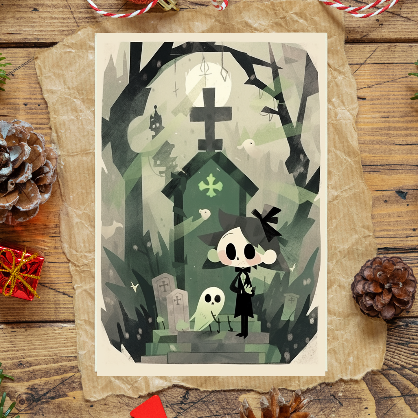 greeting card of a a brave boy exploring a graveyard