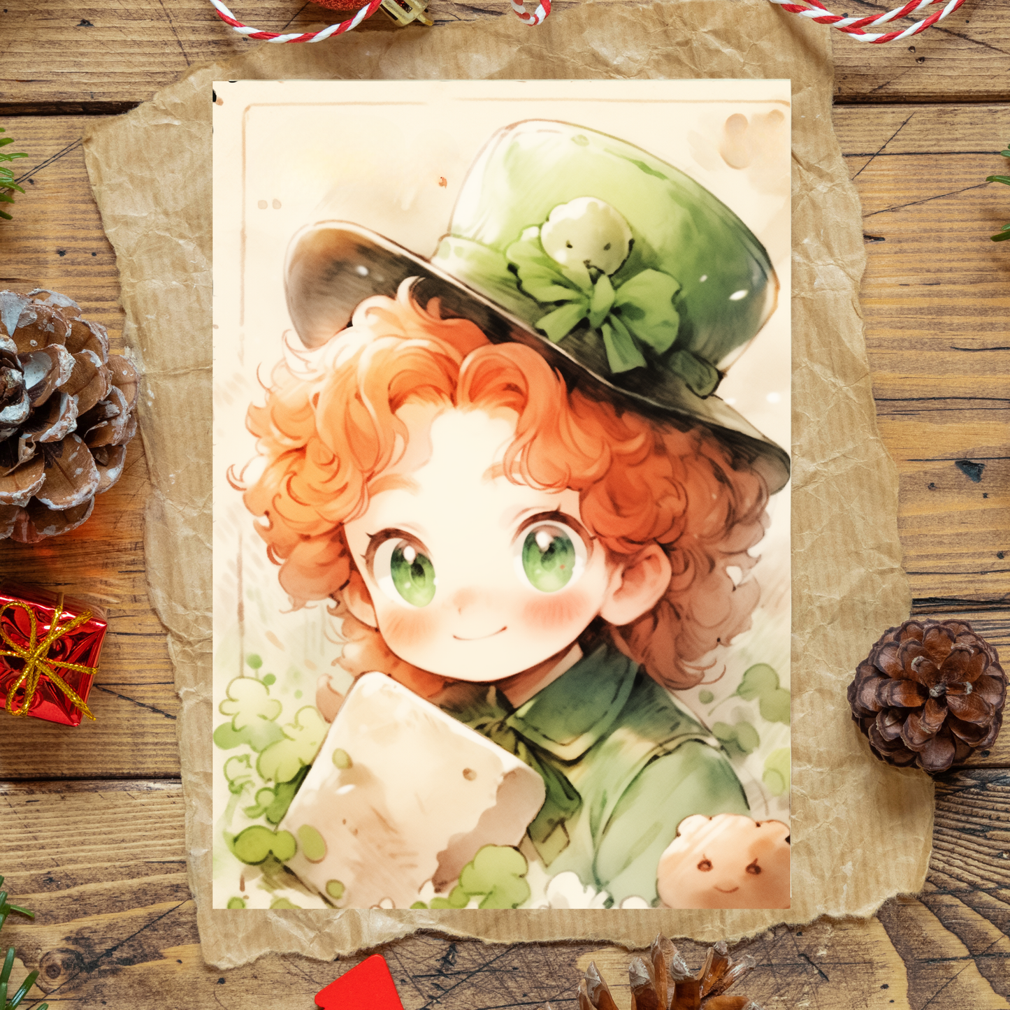 greeting card of a a boy leprechaun with a mischievous grin