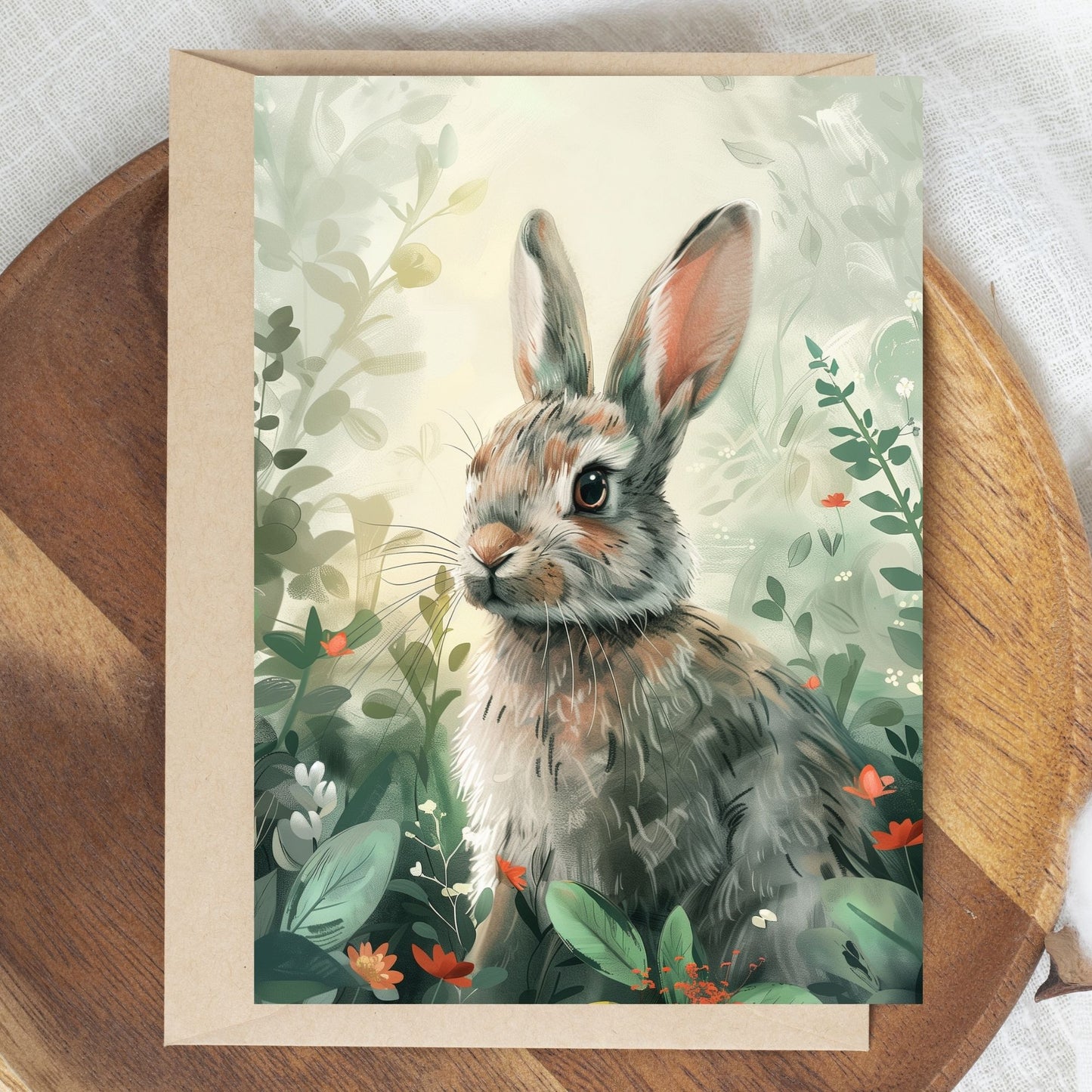 greeting card of a curious rabbit exploring forest
