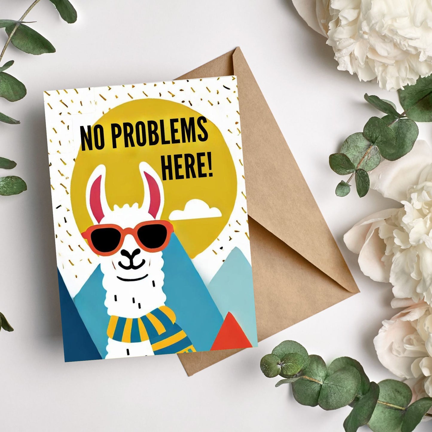 card of llama wearing a scarf