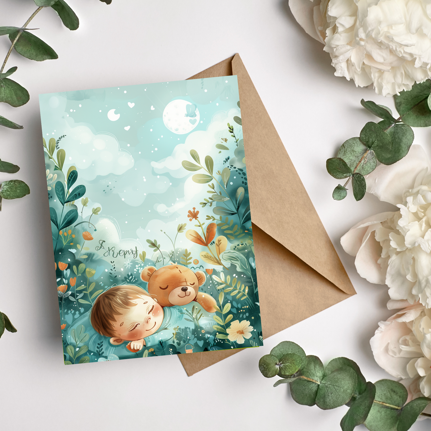 greeting card of a baby and its teddy