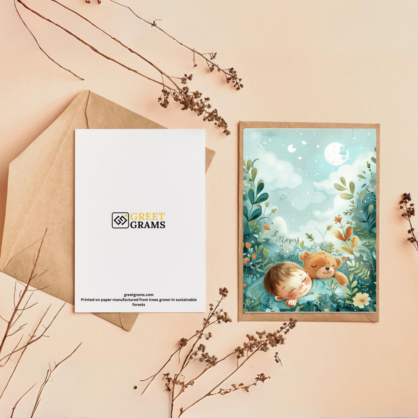 Greeting card showing bear sleeping on baby