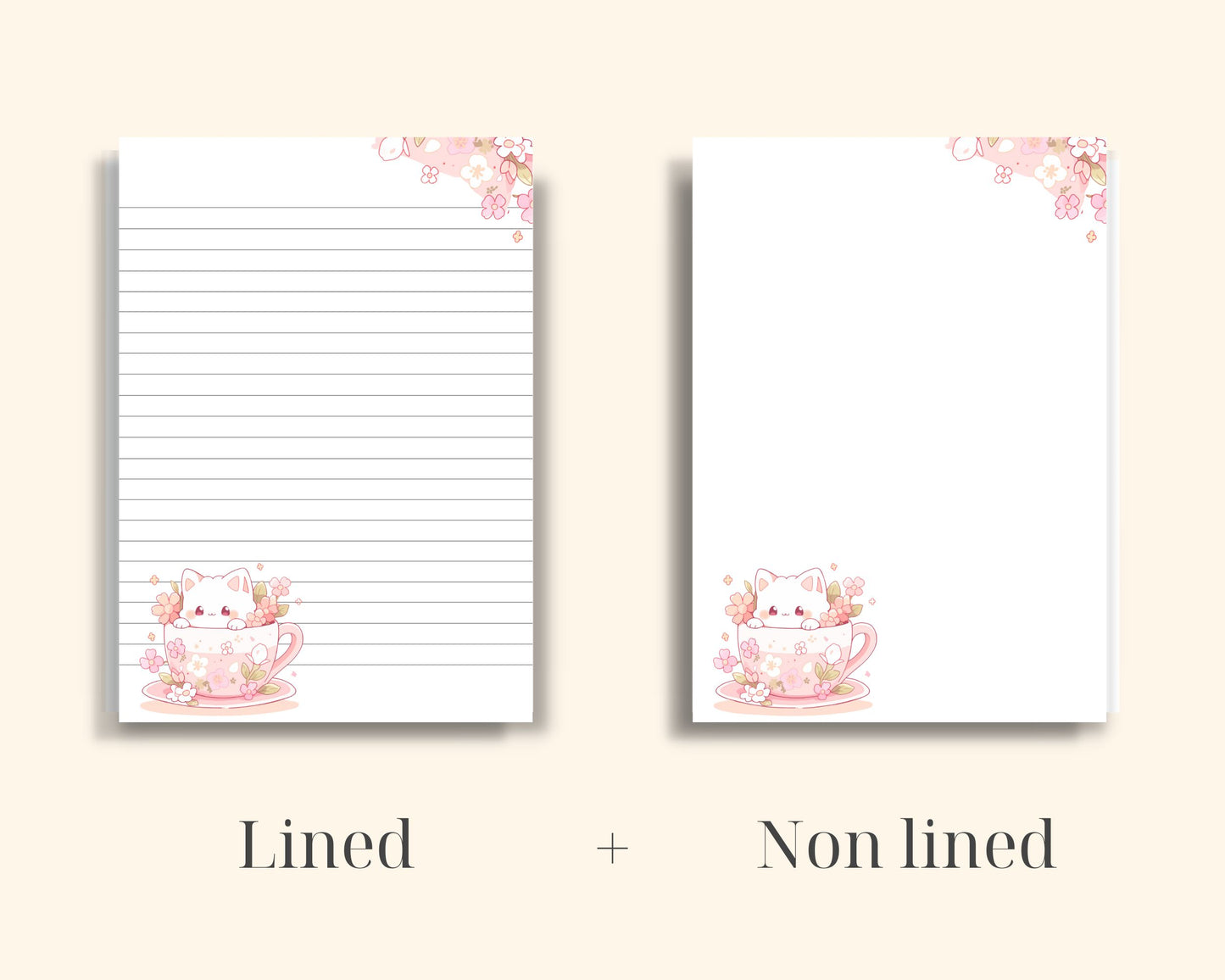 Pink Cat in a Cup Fun - Printable Stationery lined non-lined