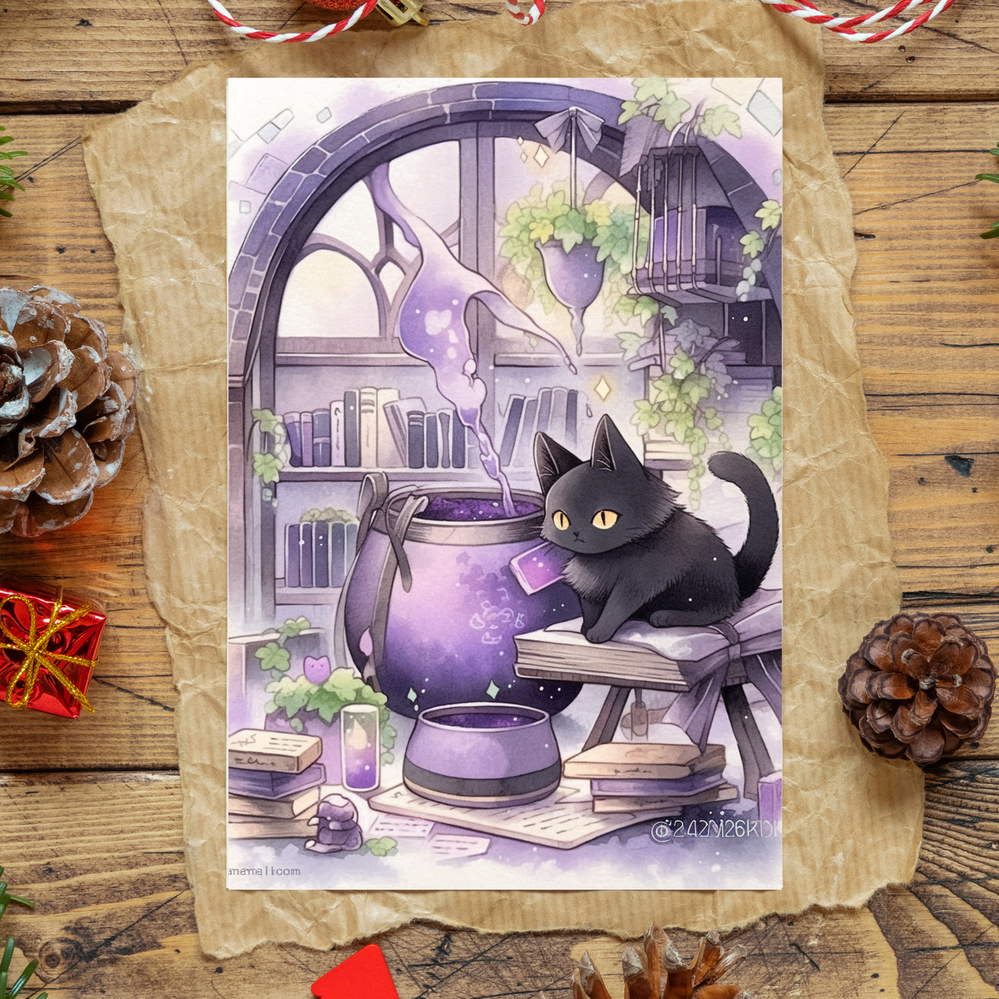 greeting card of a cat concocting potions in a witch's lab.
