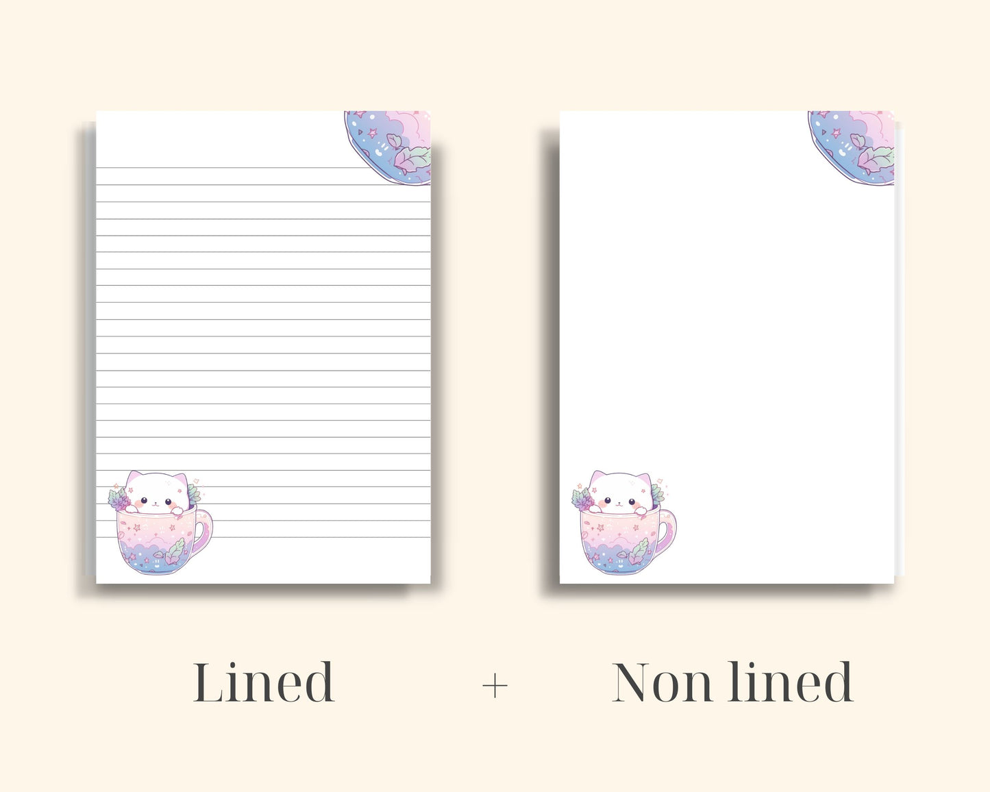 Purple-Cat-in-a-Cup-Delight-Printable-Stationery lined non-lined
