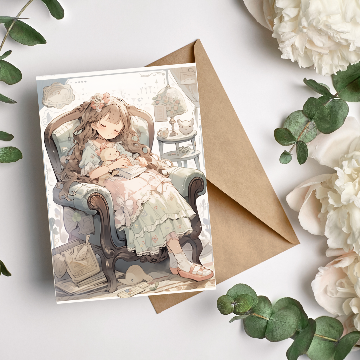 greeting card of a girl sleeping peacefully in a comfortable setting