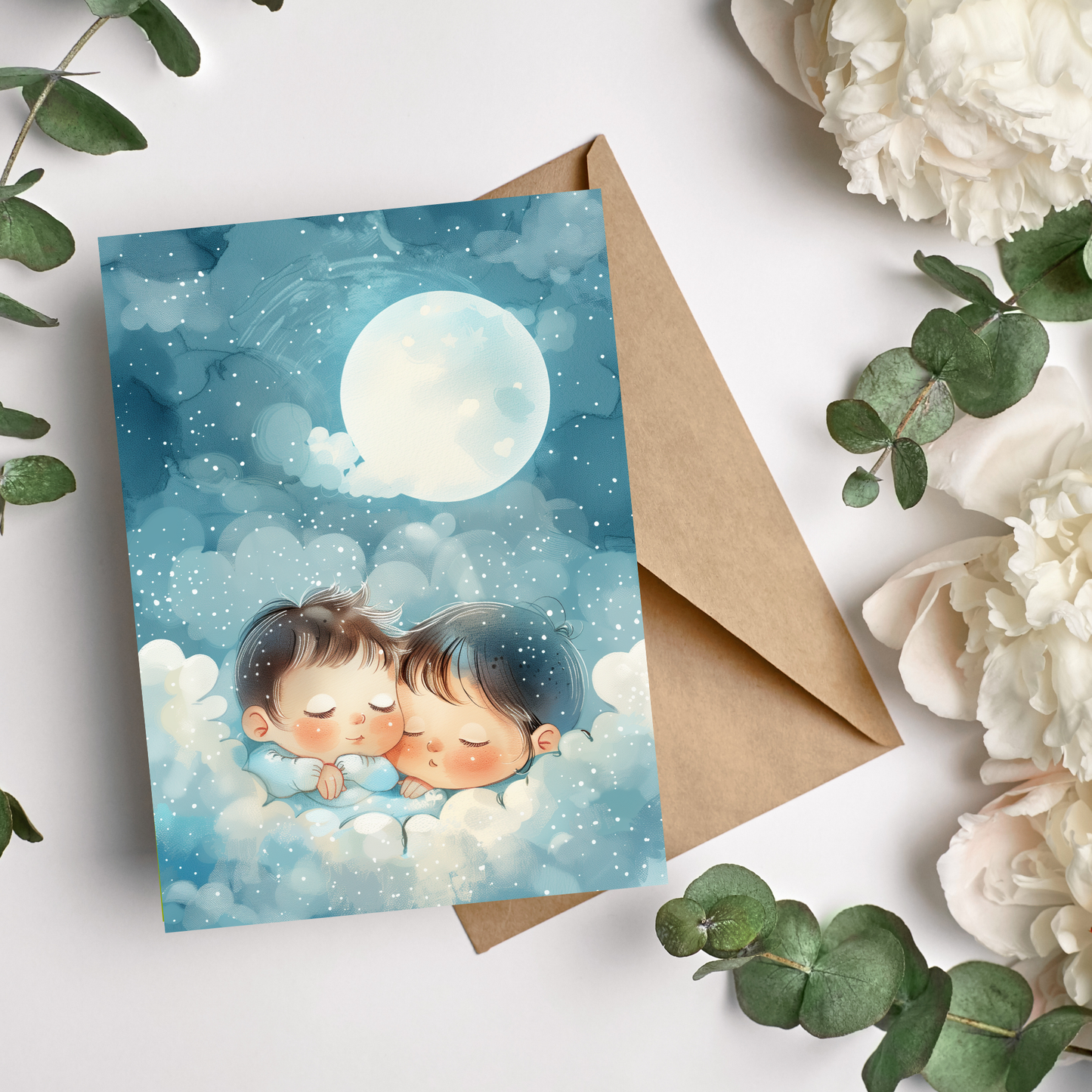 Greeting card of two cute babies sleeping together