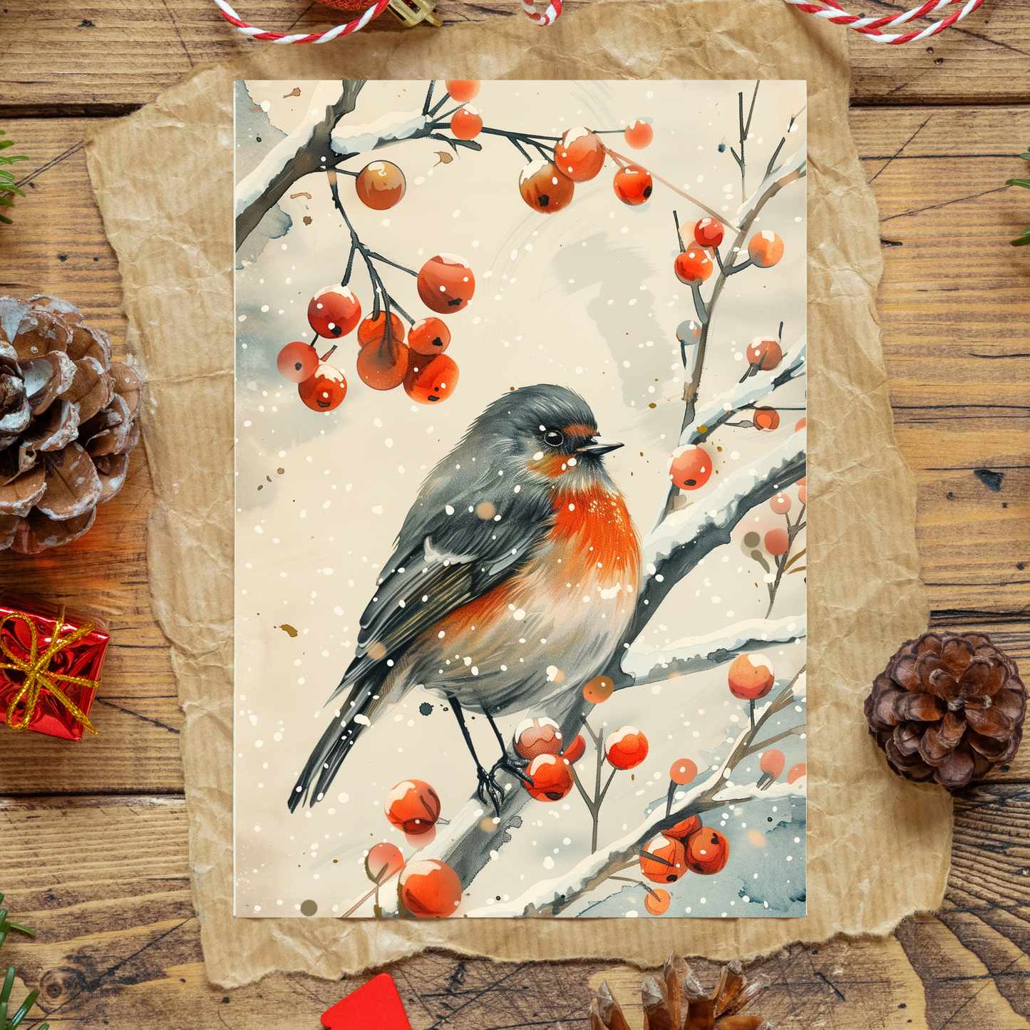 greeting card of a songbird singing in a snowy setting