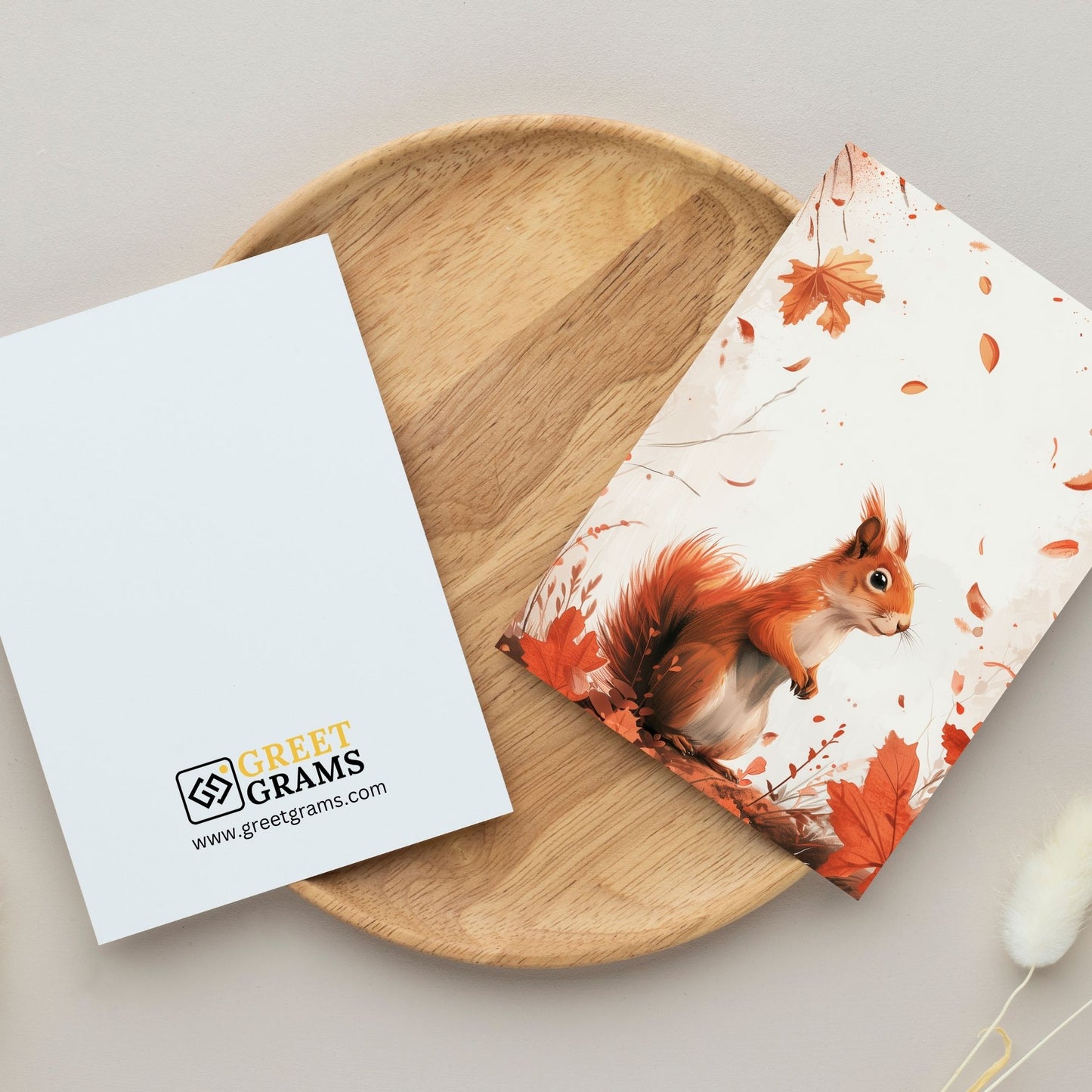 greeting card of a squirrel frolicking through an enchanted forest in the grey background