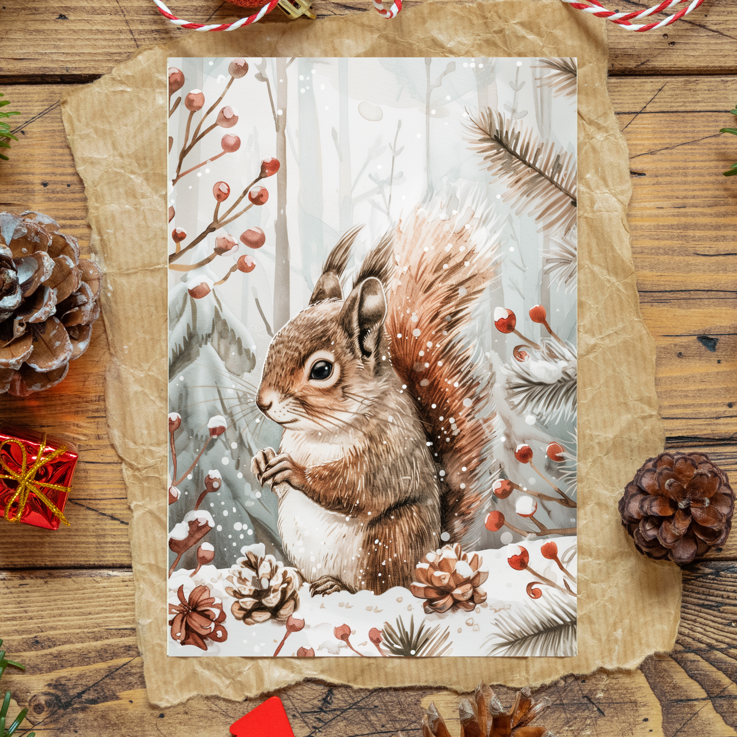 greeting card of a squirrel playing in the snow
