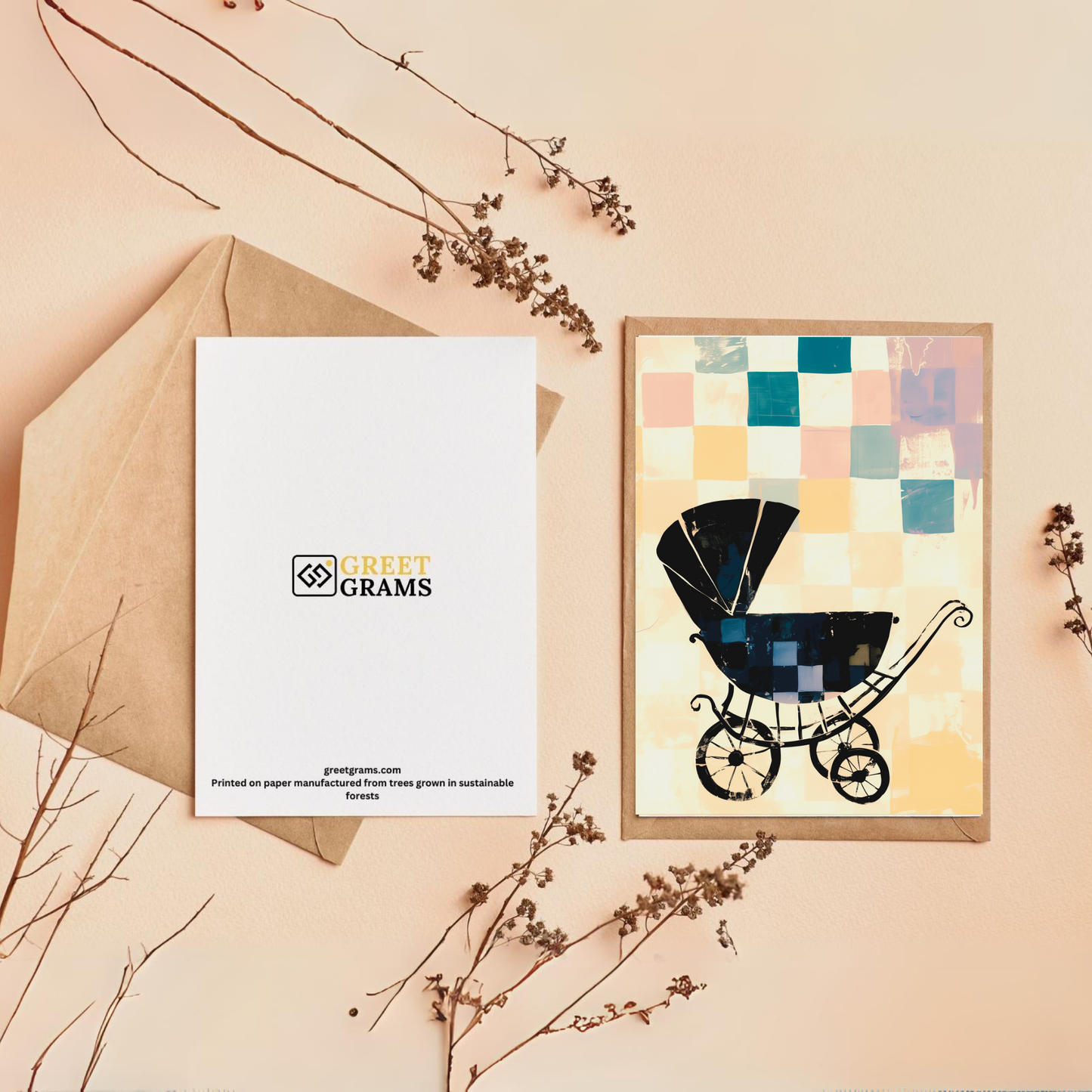 greeting card of a black baby stroller