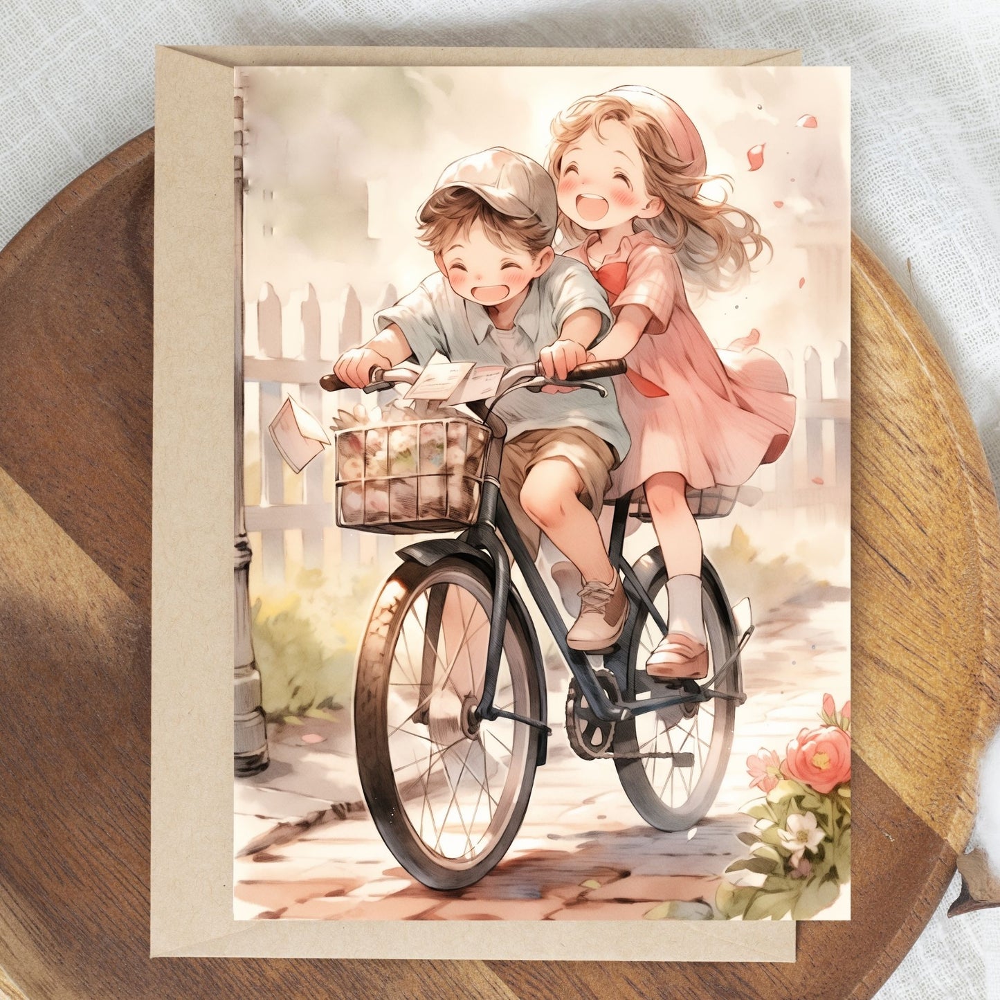 Greeting card showing two kids riding a cycle together