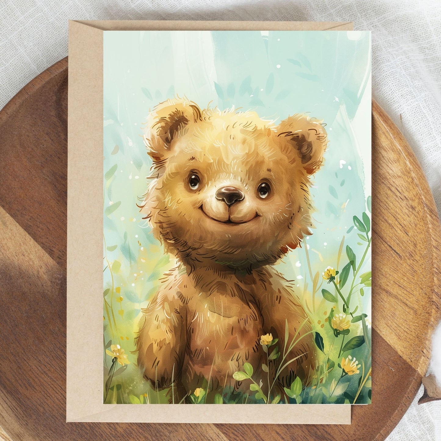 greeting card of a bear reveling in the beauty of a tropical paradise