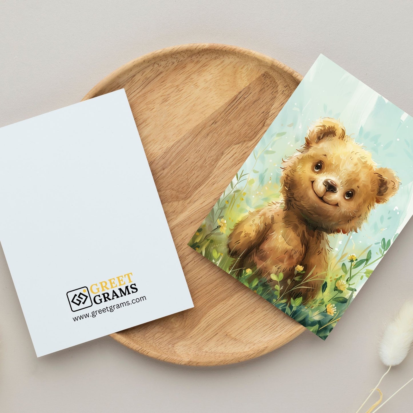 greeting card of a bear reveling in the beauty of a tropical paradise in the grey background