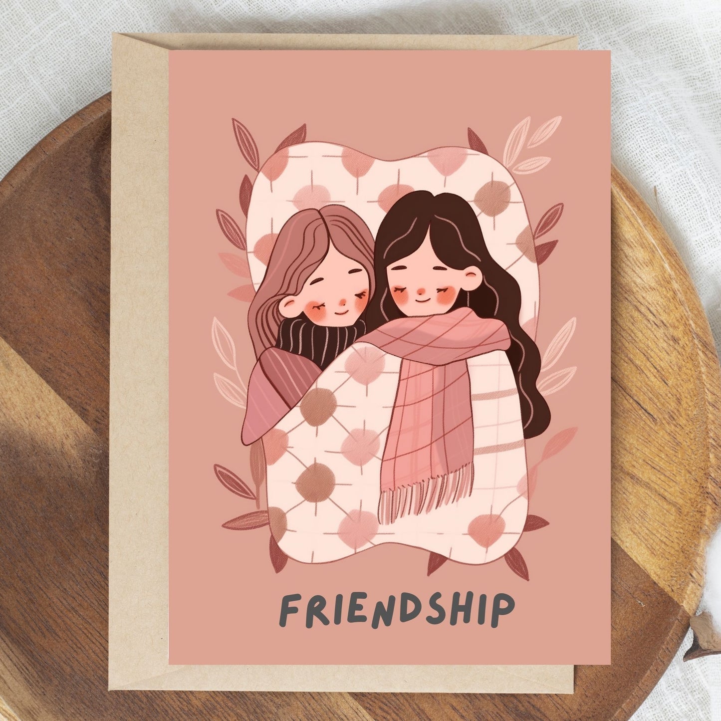 Friendship greeting card showing two bestie cuddling