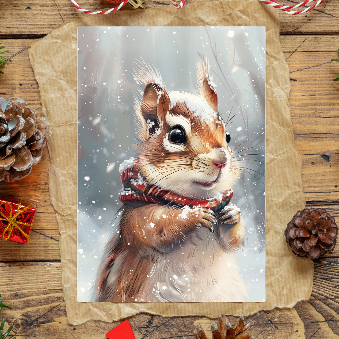 greeting card of a chipmunk frolicking in the snow